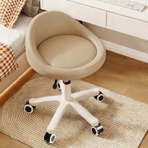 Timbertouch Rolling Stool – Ergonomic Swivel Seat, Adjustable Height, Ultra-Quiet Wheels, Padded PU Leather Cushion, for Salon, Office, Massage & Medical Use Khaki