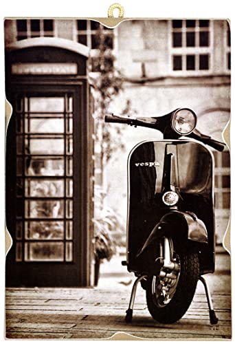 KUSTOM ART Cuadro cuadro de estilo vintage serie Moto Scooter y cabina telefónica inglesa, impresión sobre madera, 25 x 18 cm. Decoración para restaurantes, pizzerías, bares