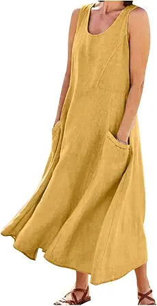 Plus Size Cotton Linen Summer Dresses for Curvy Women 2025 Sleeveless Maxi Vacation Beach Sundresses with Pockets