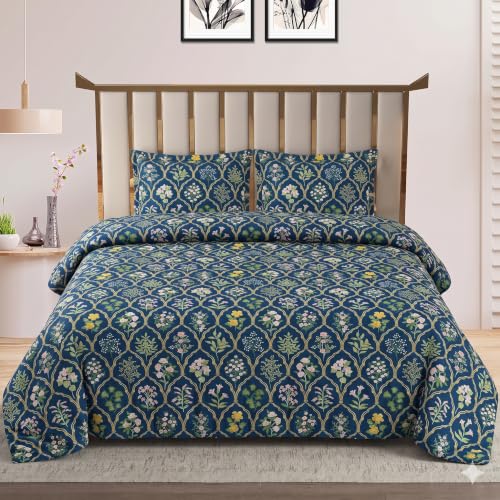 Image of DECOMIZER Super Soft Glace Cotton King Size AC Comforter II Blanket II Duvet for Double Bed with 1 Flat Bedsheet and 2 Pillow Cover - 4 Piece Comforter Set - Navy Jaipuri