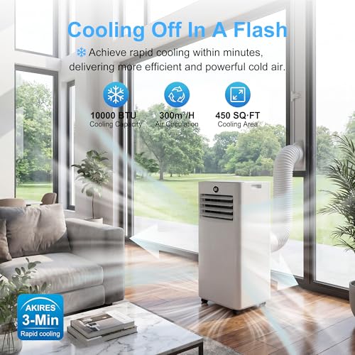 Image of AKIRES Portable Air Conditioners,10,000 BTU Air Conditioner for Bedroom with Remote Control,Portable AC Unit With Fan & Dehumidifier,Cools Up To 450 Sq.Ft For Large Room With 24H Timer And Sleep Mode