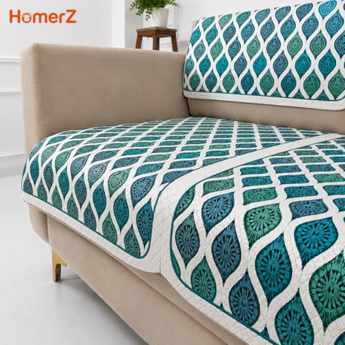 Image of Homerz Premium 'Maharaja Paradise Series' Sofa Cover | Net Fabric Sofa Cover | Washable, Anti-Dust Backed & Wrinkle Resistant Cover (Aqua Lattice, 5 (3+2) Seater, Seat Cover with Backrest)
