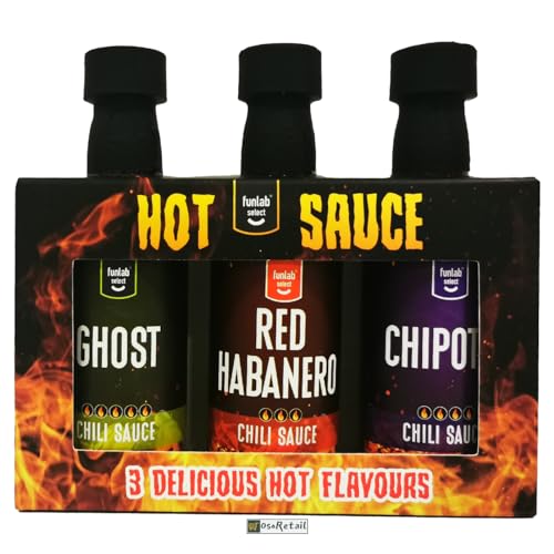 OsoRetail pack de 3 Salsas Picantes Gourmet de Funlab Select – Ghost Chili, Habanero Rojo y Chipotle | Salsas para carne, barbacoa y snacks | 3x45ml | Regalo ideal