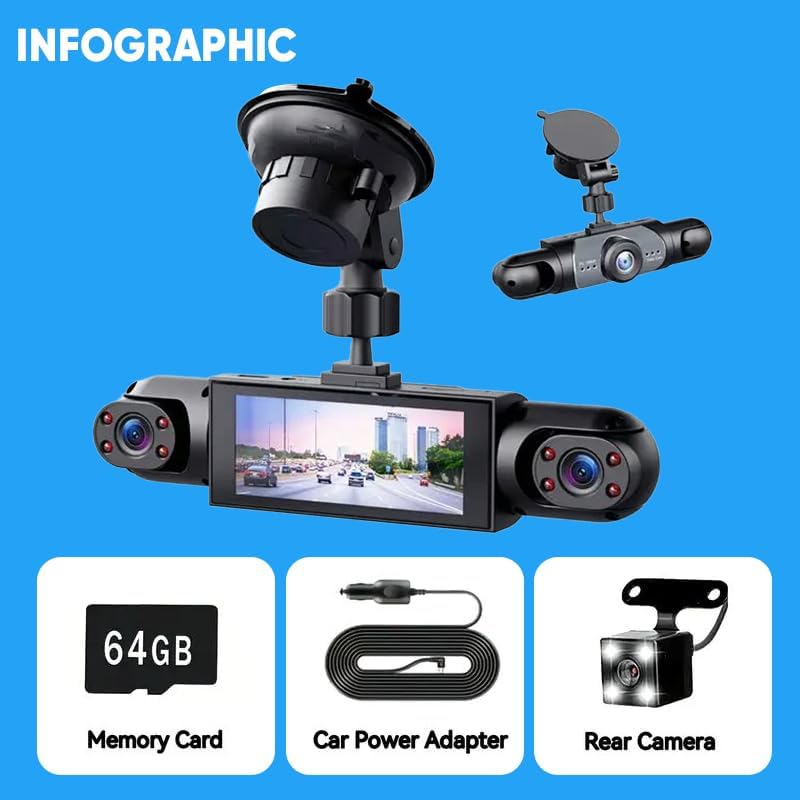Infographic showing included components: 64GB Memory Card, Car Power Adapter, Rear Camera