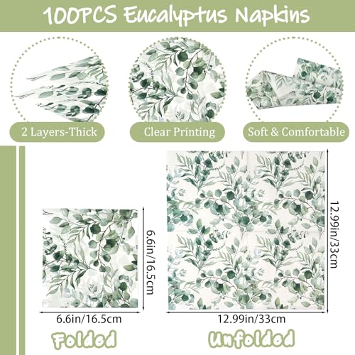 Miniatura 2 de 100 Piezas Servilletas Verde Eucalipto, 2 Capas De Papel Hojas Verdes Decoradas Para Fiestas, Bautizos, Bodas, Cumpleaños