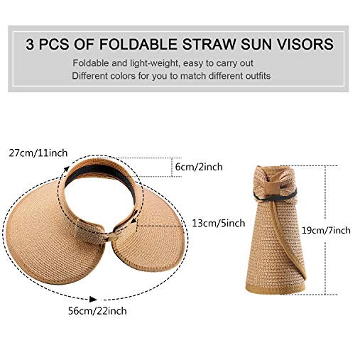 3 Pieces Women Foldable Straw Sun Visor Wide Brim Roll Up Beach Hat With Bowtie Multicoloured #TOP1