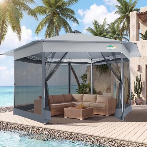 Image of COBIZI 14x14 Pop Up Gazebo Tent with Mosquito Netting, Gazebos on Clearance, Hexagonal Outdoor Canopy Shelter, Patented Center Lock 6-Sided Portable Gazebos, Pop Up Canopy Tent for Backyard, White