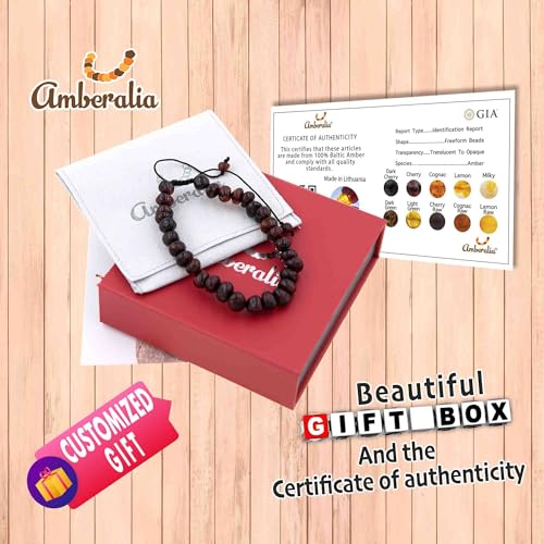 Adjustable Baltic Amber Adult Bracelet (6.3 + 3.5 inch)- without knot between beads - Imported from Lithuania - Gift Box and customized message - Engrave the storage linen bag!2