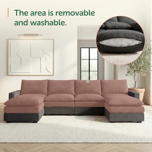Image of HONBAY 127.2 Inch Corduroy Cloud Modular Sectional Sofa with Chaise, Deep Seat U-Shaped Couch with Storage for Living Room, Apartment, Small Space,Grey
