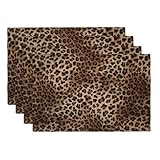 DOUYINSI Brown Leopard Placemats Set of 4 Black Cheetah Skin Wild Animal Print Linen Place Mats Washable Table Mats 12x18 Inch for Kitchen Dining Decoration