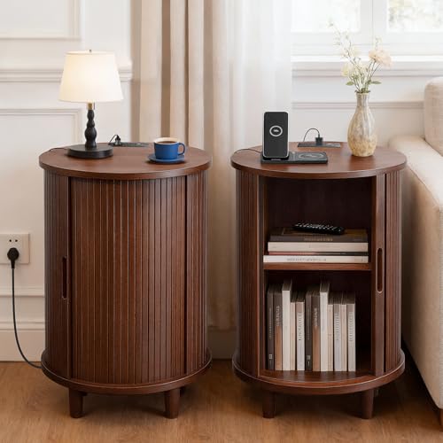 Image of DHH End Table Set of 2 with Storage & Charging Station, Fluted Accent Side Table with Sliding Door & Adjustable Shelf, Mid-Century Nightstand for Small Spaces, Living Room, Bedroom(2, Walnut)
