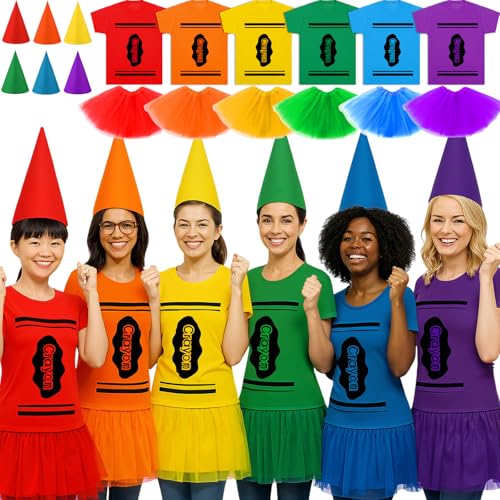 Jecery 6 Set Crayon Pencil Costume for Women Adult T-shirt Tutu Skirt Gnome Cone Hat Set Halloween Group Team Cosplay Costume(Crayon,Colorful)