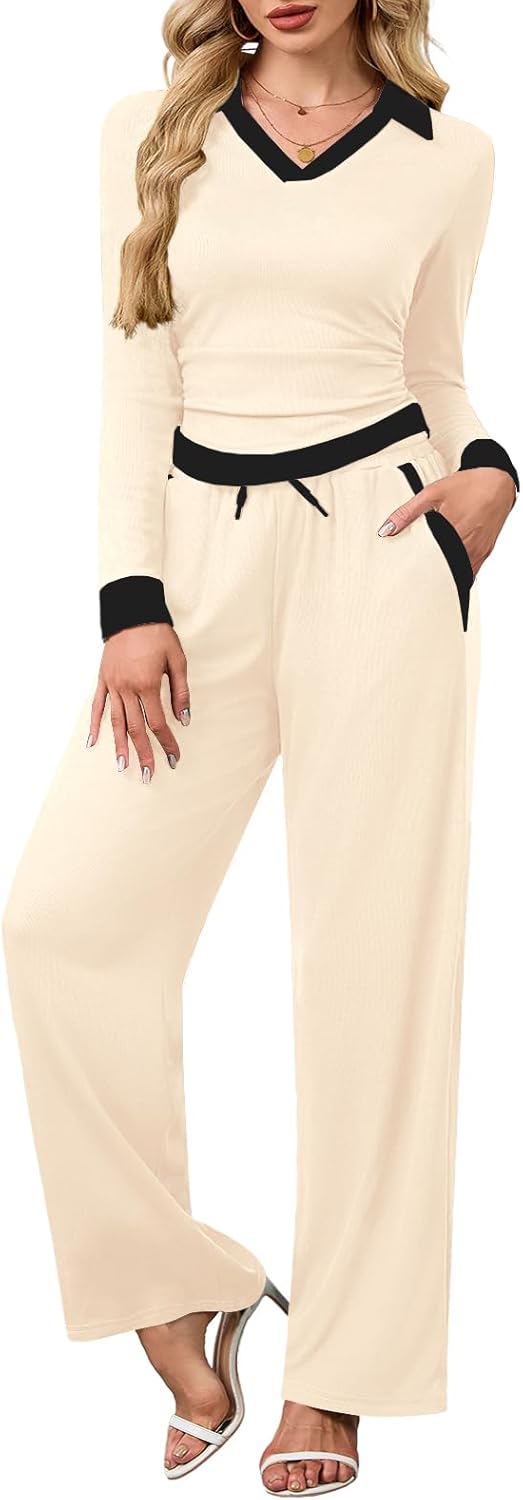 Meetjen Women's 2 Piece Sets Long Sleeve Top Wide Leg Pants Casual Tracksuits Fall Outfit Matching Lounge Set 2025