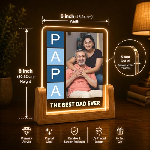 Image of Giftplease Rectangular Tabletop Acrylic LED Photo Frame for Papa | Personalized Wooden Night Lamp with Custom Picture | Fathers Day Dad Birthday Family Memory Decor Light for Bedroom Office Desk