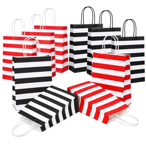 Image of Aakriti Striped Paper Gift Bags | Medium Size 10 x 4 x 12 Inches Gift Bags with Handles for Birthday Return Gifts, Party Favors & Shopping Mix Color Blue, Red, Yellow, Green & Black Pack of 10 pcs