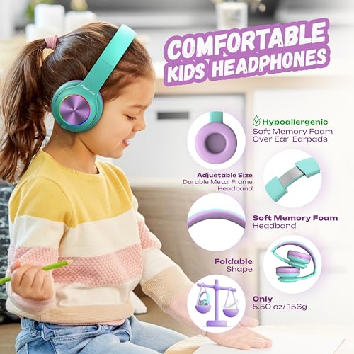 PowerLocus Kids Headphones, Bluetooth Headphones Over Ear for Kids LED Lights, 74/85/94dB Safe Volume Limit Headphone - Image 4