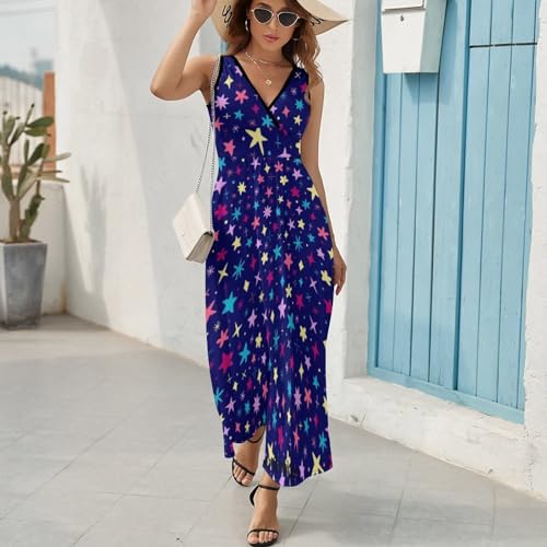Robe maxi sans manches imprimé étoiles et lune avec un décolleté en V - 5