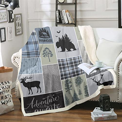 Rustic Patchwork Plush Bed Blanket, Checkered Buffalo Plaid Fleece Blanket For Kids Teens Adult, Woodland Wildlife Bear Moose Elk Pine Trees Printed Throw Blanket Farmhouse Decorations, Throw Size #TOP26