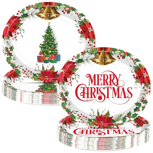 QZYL 50 PCS Oval Christmas Paper Plates, 12.2" x 10.2" Disposable Xmas Trees Paper Plates, Holly Leaf Platters Christmas Party Decorations, Tableware Set for Holiday Family New Year Party Dinnerware