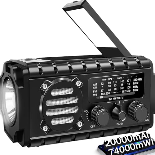 20000mah Hand Crank Emergency Radio, SW/NOAA/AM/FM Weather Radio, Solar Powered Hand Crank Charger with Big Battery Powered, Portable, Cellphone Charge, SOS, Flashlight for Emergency/Home (Black)