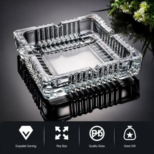 Image of WEZOSHINET Square Cigar Ashtray, Classic Clear Crystal Glass Cigarette Ashtray Holder, Ash trays for Home Outdoor Patio Indoor Coffee Bar and Smokers
