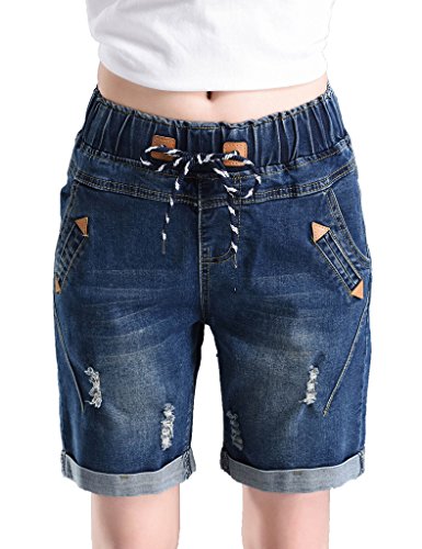 PHOENISING Women's Fashion Elastic Band Waist Short Jeans Stretchy Ripped Hole Denim Shorts Dark Blue 6 Waist 30 inch