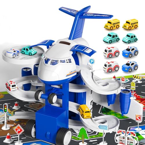 JOAASU Avión juguete de carreras modelo de juguete para coche, juego de pista de automóviles, modelo de juguete del aeropuerto, incluye 8 camiones de fundición a presión y una alfombra de juego