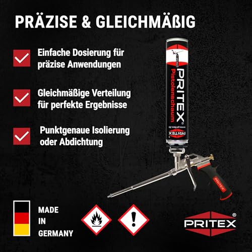 PRITEX – 1 x Schaumpistole inkl. Düsenverlängerung – Bauschaumpistole für Pistolenschaum, Bauschaum, Montageschaum uvm. – Metallpistole mit gummiertem Handgriff – Montagepistole für präzise Dosierung