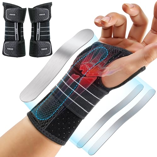 Rakiie 2 Pack Carpal Tunnel Wrist Braces, Adjustable Night Wrist Support with 3 Metal Splints, Hand Stabilizer for Men Women No Pressure on Thumb, Right and Left Hand, Gray Size M