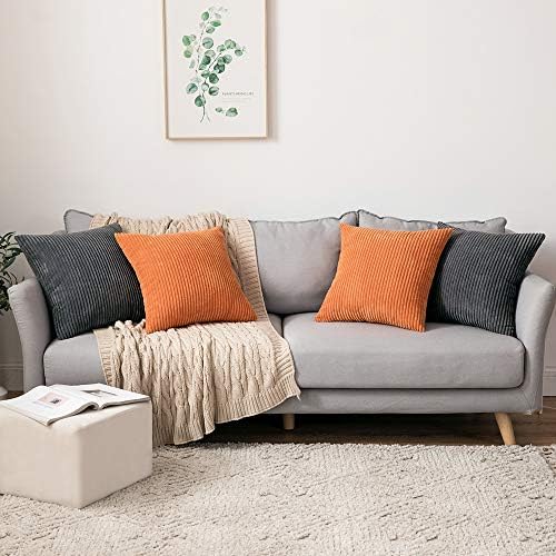 MIULEE Set of 2 Striped Corduroy Square Throw Pillow Case Soft Cushion Covers Sham Home for Sofa Couch/Bedroom Decorative Fluffy Large Pillowcases 18x18 Inch 45x45cm Orange