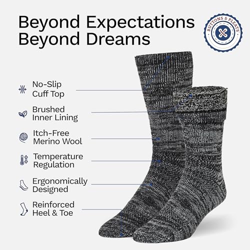 Image of Buttons & Pleats Wool Socks for Men & Women Merino Thermal Warm Cozy Winter Boot Sock