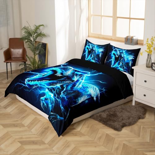 Housse de couette dinosaure 3D bleu éclair anti-plis pour lit simple - 3