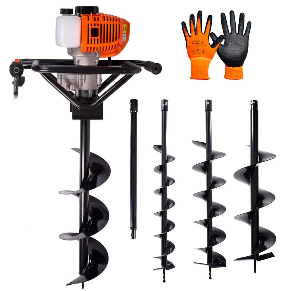 Trivella a scoppio con motore da 52cc 2 tempi con prolunga da 50 cm e 3 punte intercambiabili da 100-150-200mm, mototrivella trivellatrice da giardino e campi, utilizzo professionale e fai da te