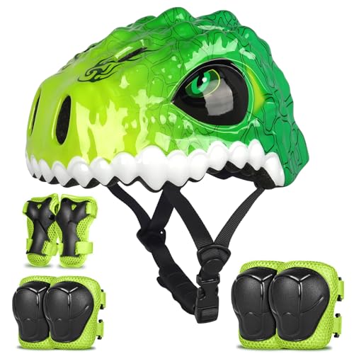 Toddler Bike Helmet,Bavilk Kids Helmet 3D Dinosaur Boys Girls Adjustable Knee Pad Elbow Pads Guards Protective Gear Set for Cycling Scooter Skateboard Inline Skatings Riding Sports
