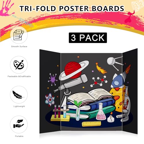 Image of HAUTOCO 3 Pcs Small Trifold Poster Board 21 x 14 inches Tri Fold Presentation Boards Black Corrugated Project Boards for Science Fair, School Project, Event Displays, Business (Pack of 3)
