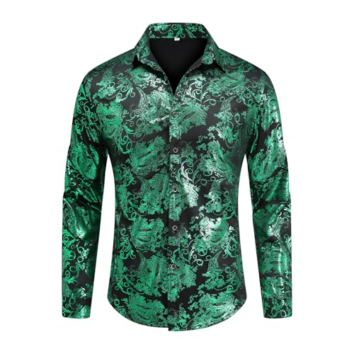 Image of Allthemen Men's Jacquard Shirt Paisley Silk Dress Shirt for Wedding Party Long Sleeve Satin Luxury Shirts Green L