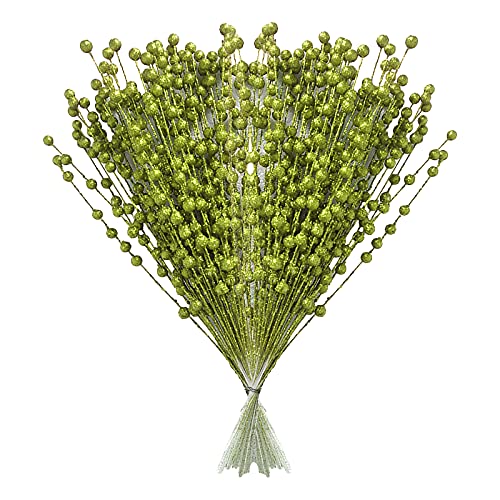 ASSR 100Pack Christmas Glitter Berries Stems,15.7in Fake Christmas Picks Glitter Sticks,Artificial Fruit Berry Picks for Xmas Tree Ornament -Green, 210712XU03-7-2#HSM13
