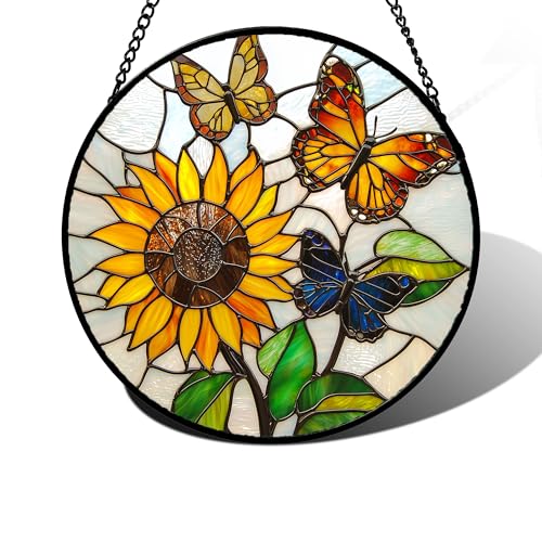 Stained Glass Window Hanging Sunflower Butterfly Suncatcher Gifts 12"