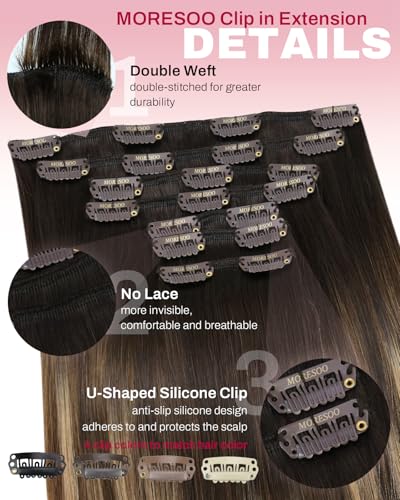 Image of Moresoo Real Hair Extensions Clip in Human Hair Balayage Dark Brown to Ash Blonde with Dark Blonde Ombre Human Hair Clip in Extensions Double Weft 7pcs /150g 24inch