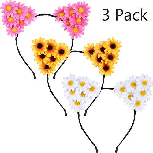 3 Pieces Daisy Flower Cat Ears Headbands Sunflower Headband Daisy Floral Headband for Women Girls Halloween Festival Party Props