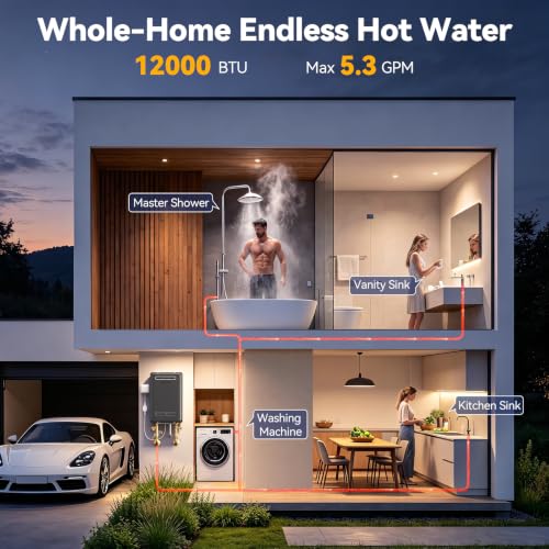Image of Propane Tankless Water Heater Outdoor, Max 5.3 GPM, 120,000 BTU | Outdoor Installation Anti-freeze Stable Heating with 6 Safety Protections 2-4 points for the Whole Family, No Vent Required