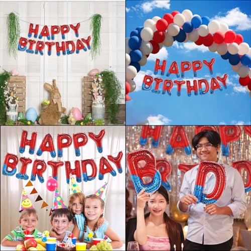Image of Spider Theme Happy Birthday Letter Balloons Banner, Red and Blue, Party Decoration