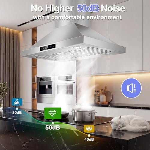 Image of 36 inch Island Range Hood Ceiling Mount 1200 CFM with 4-Speed Gesture Sensing & Touch Control, Ducted /Ductless Stainless Steel Kitchen Stove Vent Hoods with 4 LED Lights, Timer,Dishwasher-Safe Filters