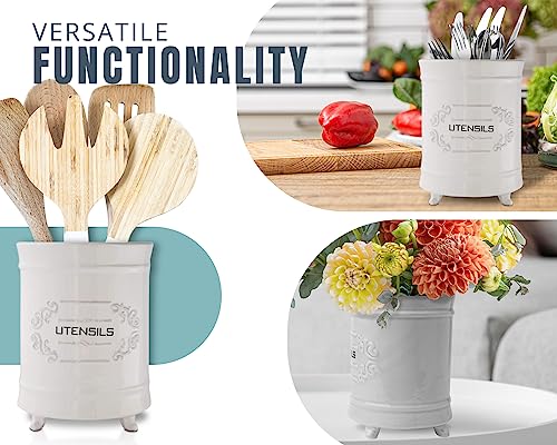Comfify White Ceramic Utensil Holder – Vintage Style Kitchen Caddy – Shabby Chic Countertop Organizer – Rustic French Country Crock for Cooking Enthusiasts - Image 8