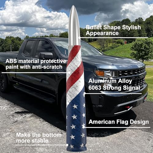 Image of Car Truck Bullet Antenna Replacement Mast with Valve Stem Caps American Flag Style for GMC Sierra Chevy Silverado Dodge Ram 1500 2500 3500 Ford F150 F250 F350 Super Duty Raptor Accessories, Silver