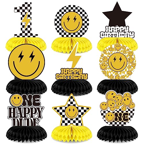 Outus 9 Pcs One Happy Dude Birthday Decoration One Happy Dude Honeycomb Centerpiece 1st Cool Birthday Table Decorations Smile Face Table Toppers Centerpieces for Baby Shower Party Supplies Decor