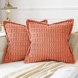 MIULEE Coral Corduroy Decorative Throw Pillow Covers Pack of 2 Soft Striped Pillows Pillowcases with Broad Edge Winter Modern Boho Home Decor for Couch Sofa Bed 18x18 Inch