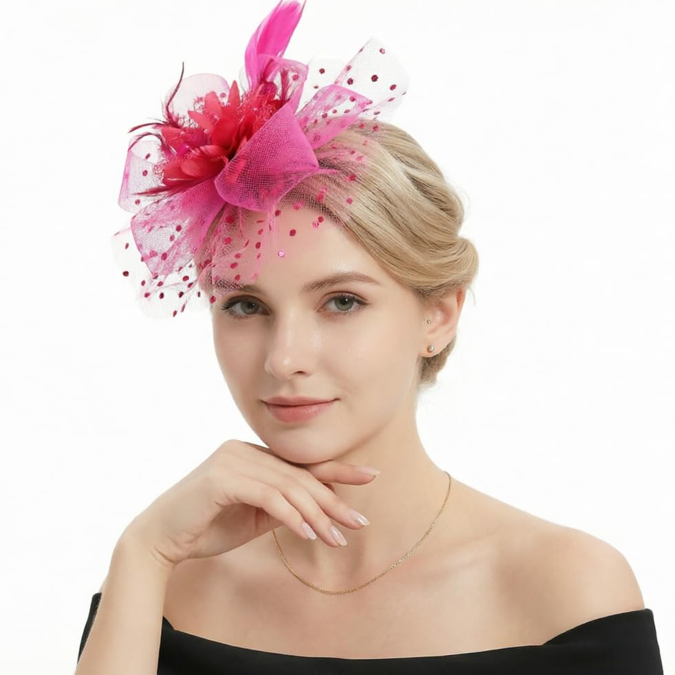 Image of DRESHOW Fascinators Hat Feather Headband Women's Fascinators Tea Party Headwear with Clip Flower Head Band for Girls & Women