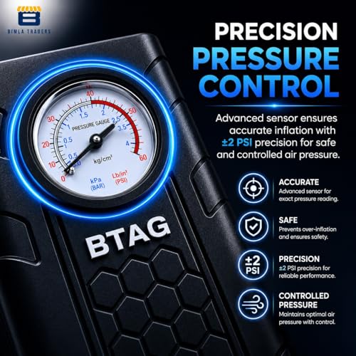 Image of Btag Portable Digital Tyre Inflator for Car & Bike - Compact Air Pump Compressor with Pressure Gauge, Fast Inflation - Ideal for Tyres, Balls & Inflatables. Pack of 1 (AU002 Black)