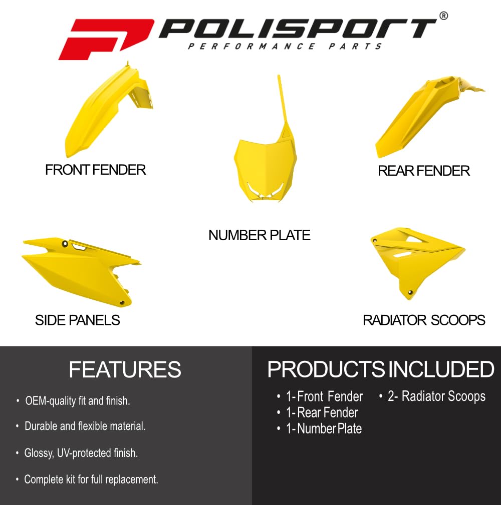 POLISPORT 8562800001 - Guardabarros delantero réplica OEM fabricado en plástico brillante duradero y resistente compatible con motocicletas Suzuki en color amarillo